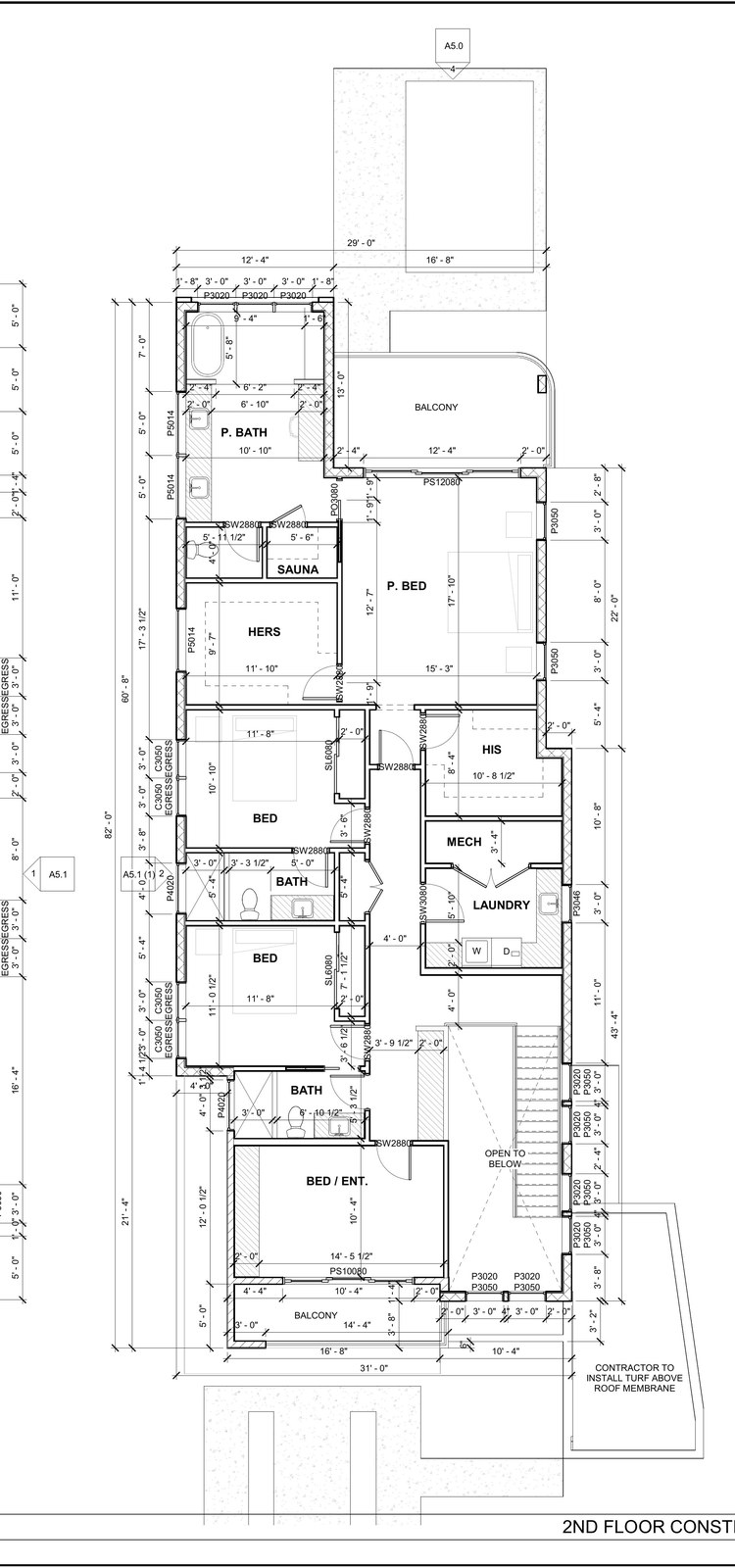 118 Bosphorous — 2nd floor construction plan showing primary suite with sauna