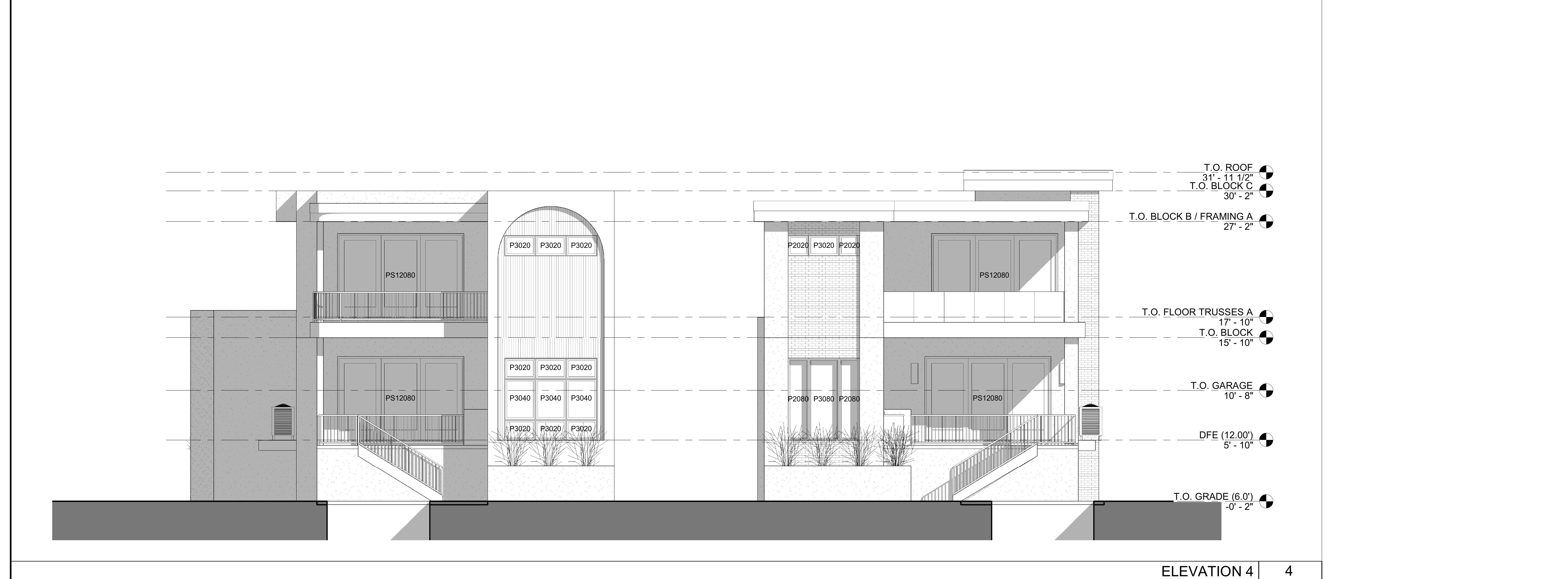 Rear elevation drawing — both units, from permitted plans