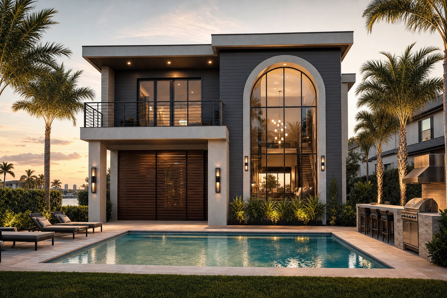 118 Bosphorous — rear elevation with two-story arched glass and pool