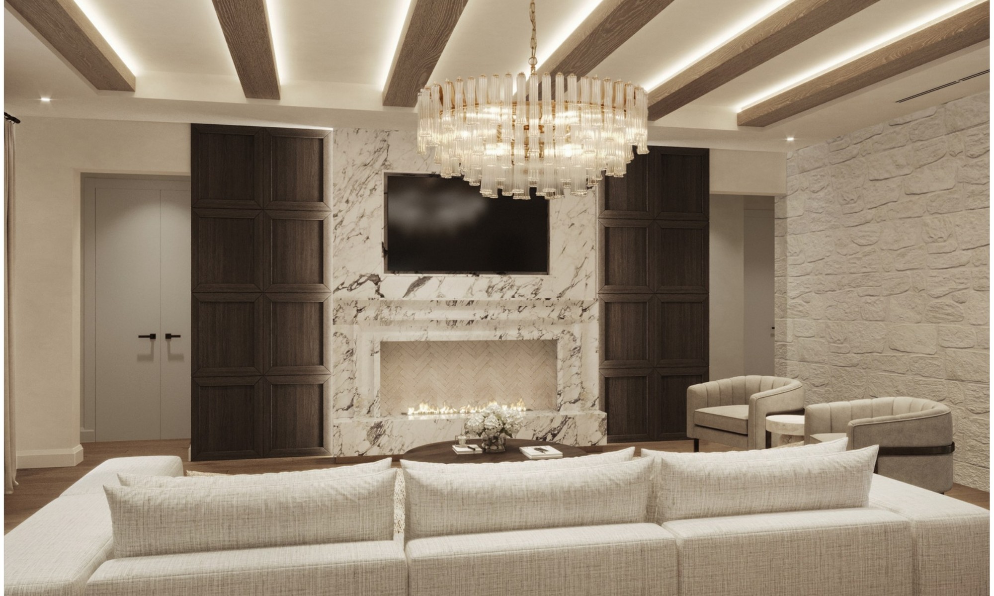 Gardenia — great room with marble fireplace and beamed ceiling