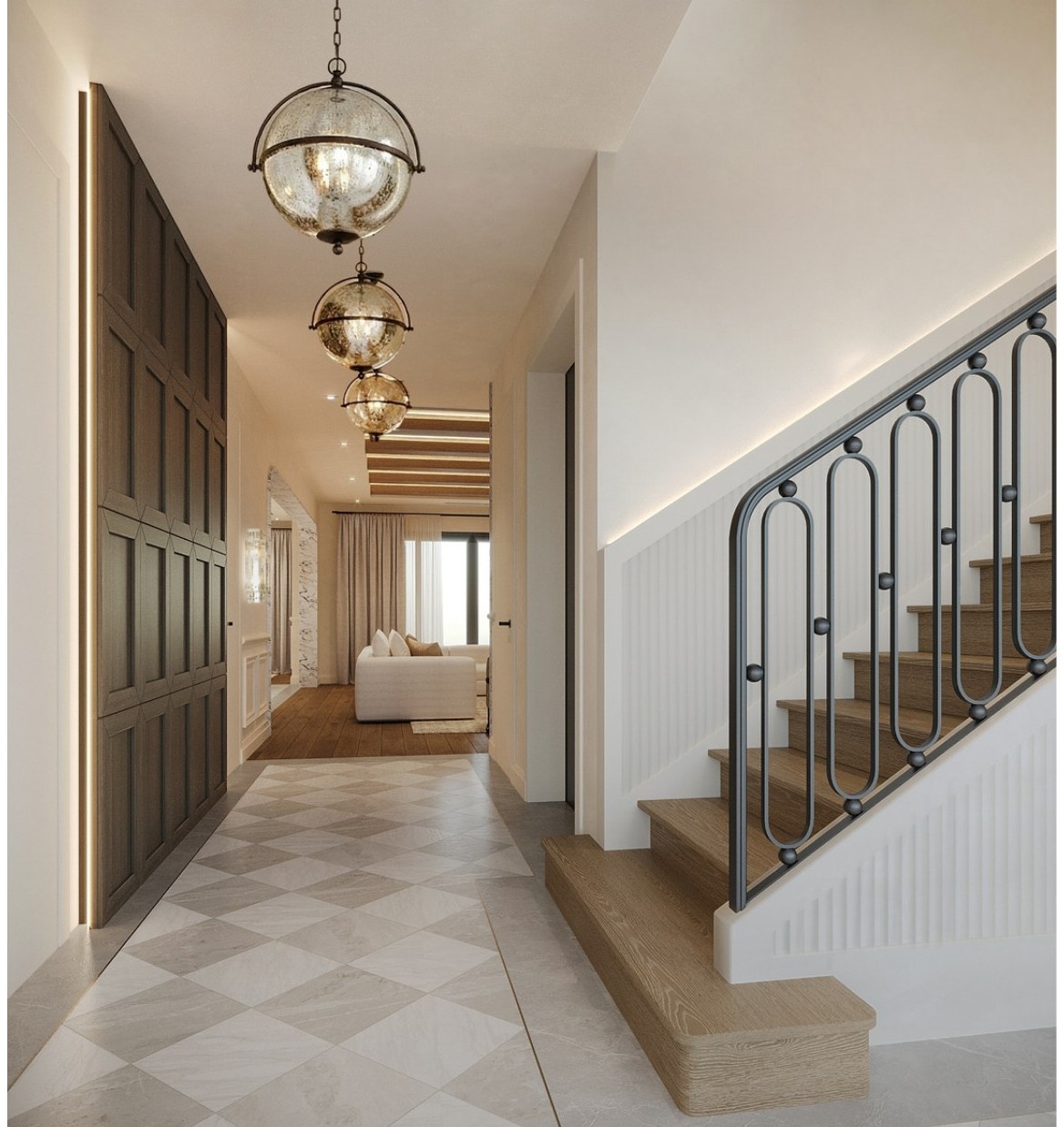 Gardenia — foyer with checkered stone floor and paneled hallway