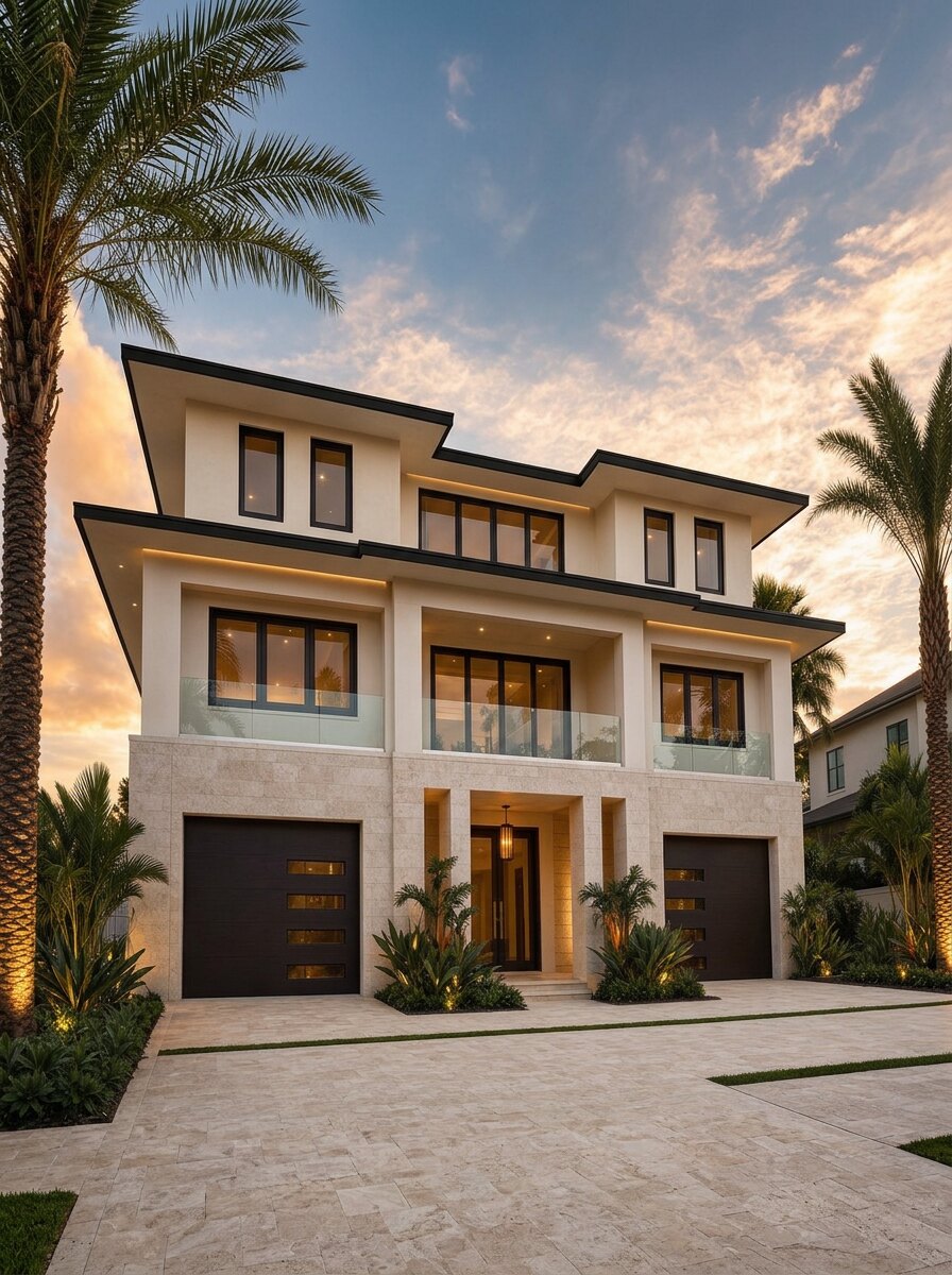 The Gardenia — a contemporary three-story luxury home at sunset
