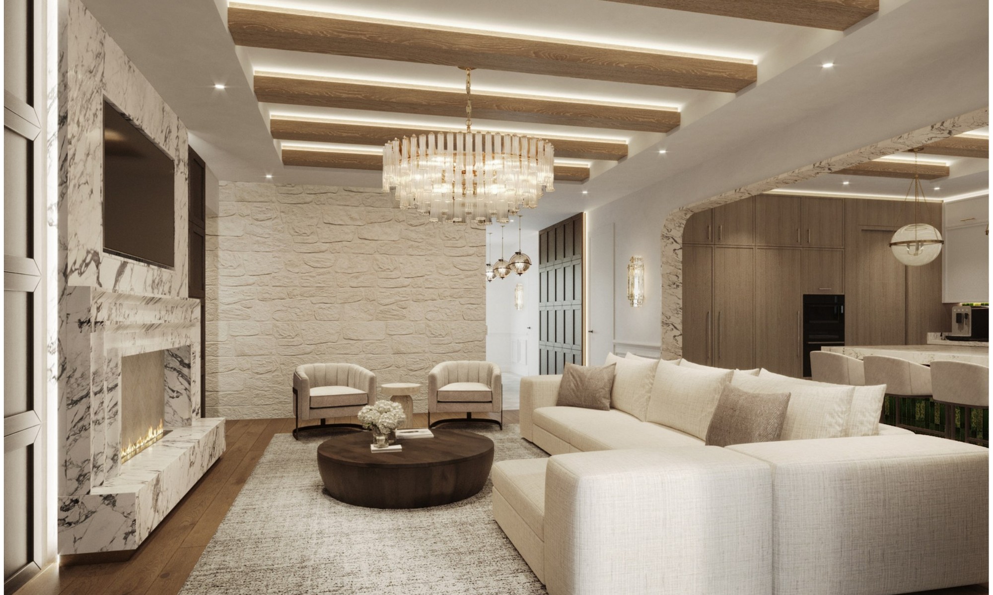 Gardenia — main kitchen with island and paneled cabinetry